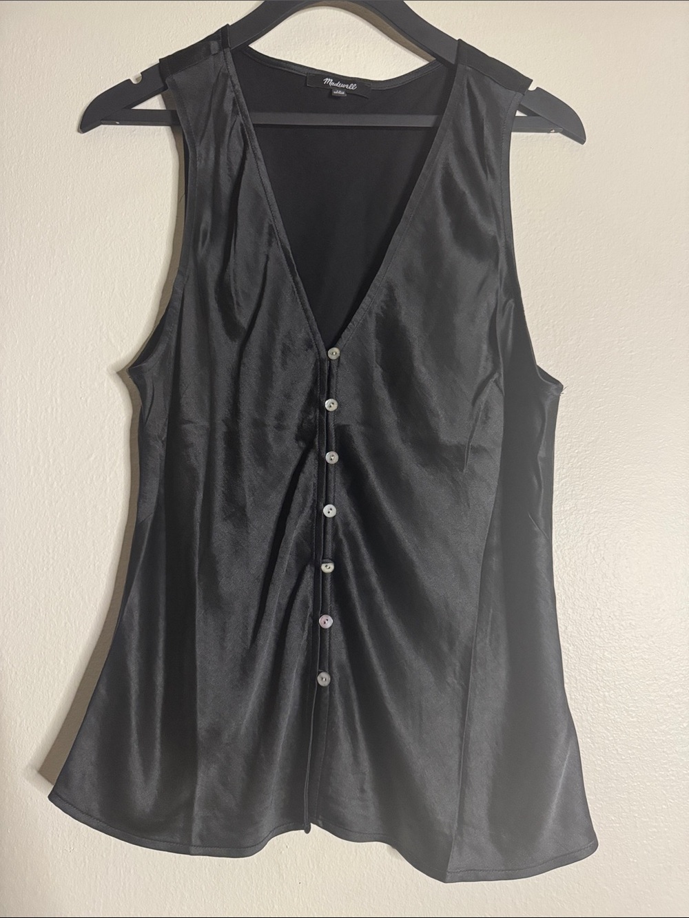 Madewell Black Satin V-Neck Button-Front Shell